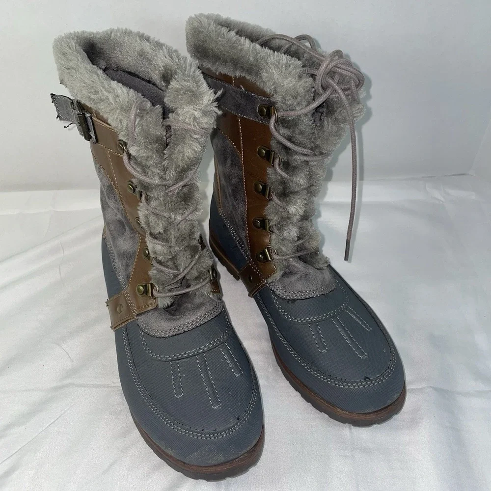 Rock & Candy Danlea Grey Brown Faux Fur Lined Lace Up Winter Duck Boots Size 9M